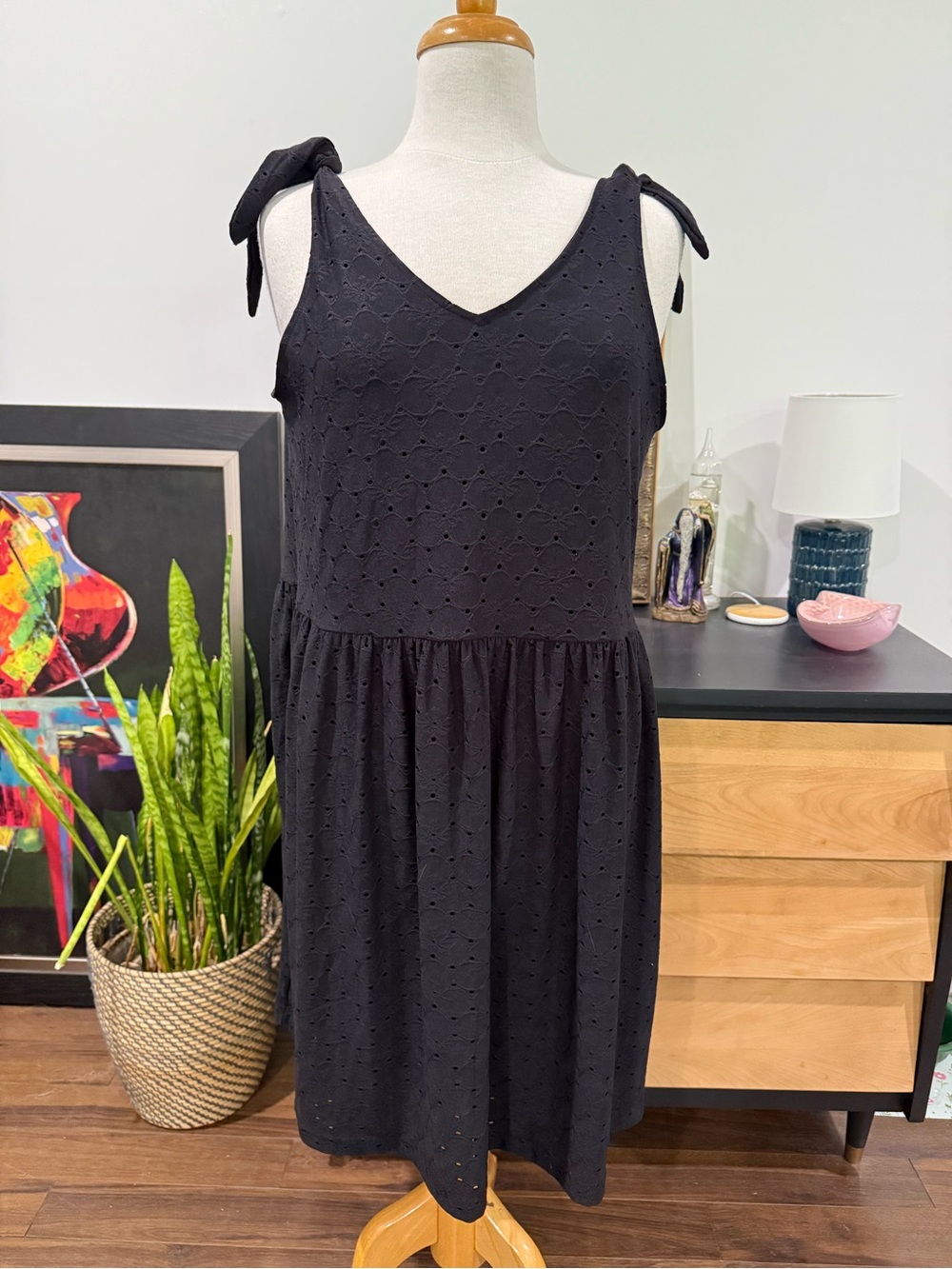 ICHI Tie-Shoulder Black Eyelet V-Neck Mini Dress